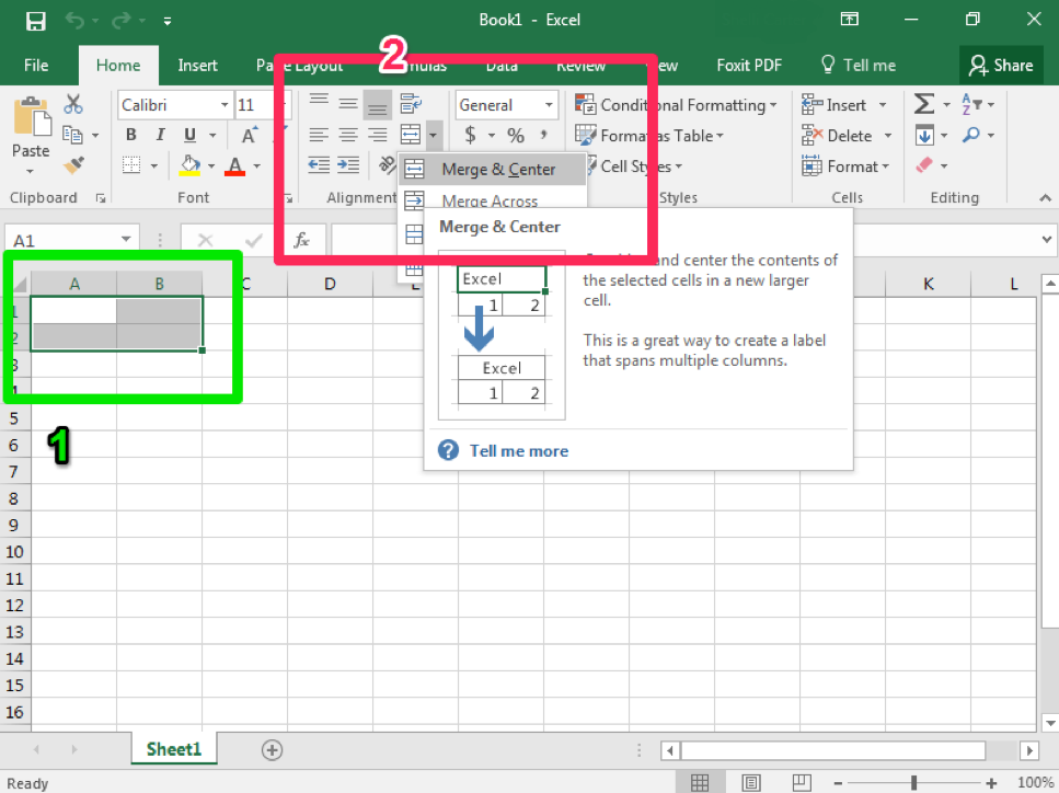 An excel sheet is open. A green box highlights cells A1, A2, B1, and B2. A pink box shows the option to merge and center the content within the cell, with a dropdown menu appearing to show the various options.