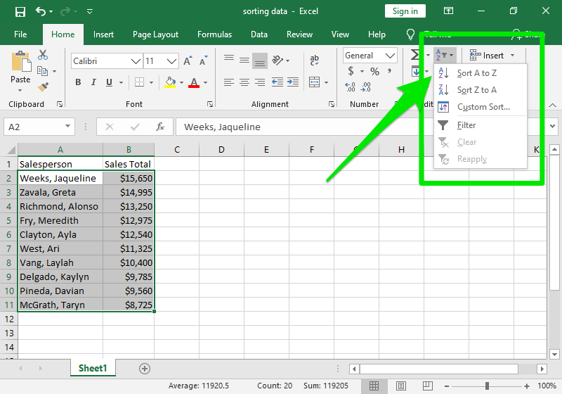 Data has been entered in Columns A and B through row 11. There is a green arrow pointing at a green box where a dropdown menu has opened up. The option to sort alphabetically is shown.