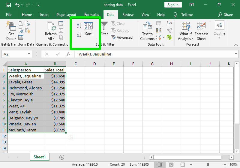 Data has been entered in Columns A and B through row 11. There is a green box showing off the sort option in excel.