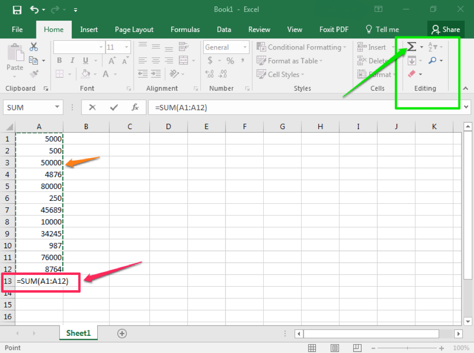 An excel sheet is open with numbers in column A through row 13. There is an orange arrow pointing to the numbers in row A meaning they have all been selected. There is a green arrow pointing at the sum feature which is being surrounded by a green box. There is a pink arrow pointing at a pink box which shows the result of the sum.
