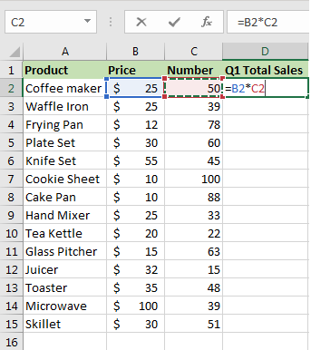 Excel screenshot of department store product sales for quarter one sales.