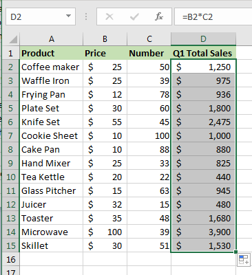 Excel screenshot of department store product sales for quarter one sales with individual product sales totals calculated.