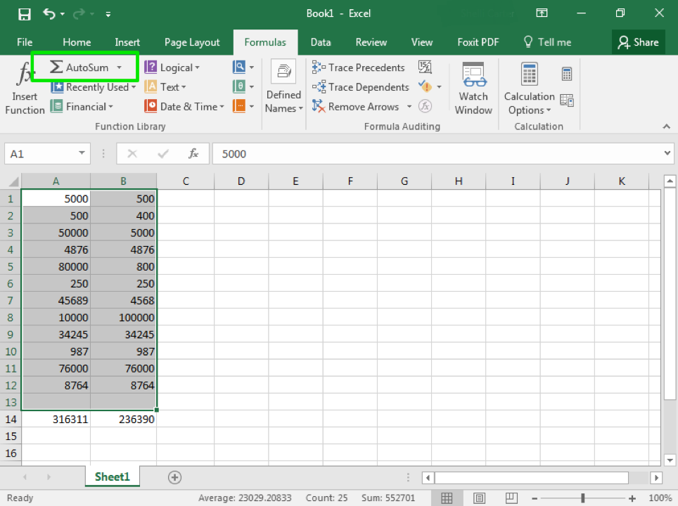 There is an excel sheet open with numbers in columns A and B through row 14 only discounting row 13. There is a green box around the AutoSum dropdown menu under the Formulas tab on the ribbon.