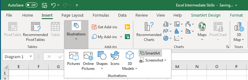 Screenshot of Excel, Insert tab, Illustrations group and SmartArt button.