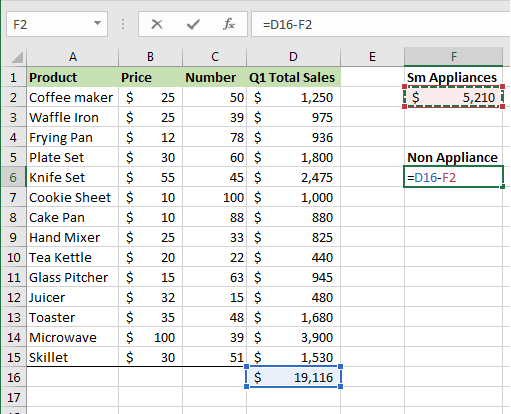 Excel screenshot of department store product sales for quarter one calculating what just non-appliance sales.