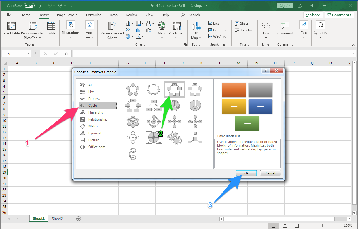 Excel screenshot of SmartDesign Graphic box menu options.