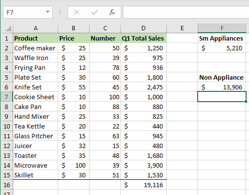 Excel screenshot of department store product sales for quarter one with total for non-appliance sales.