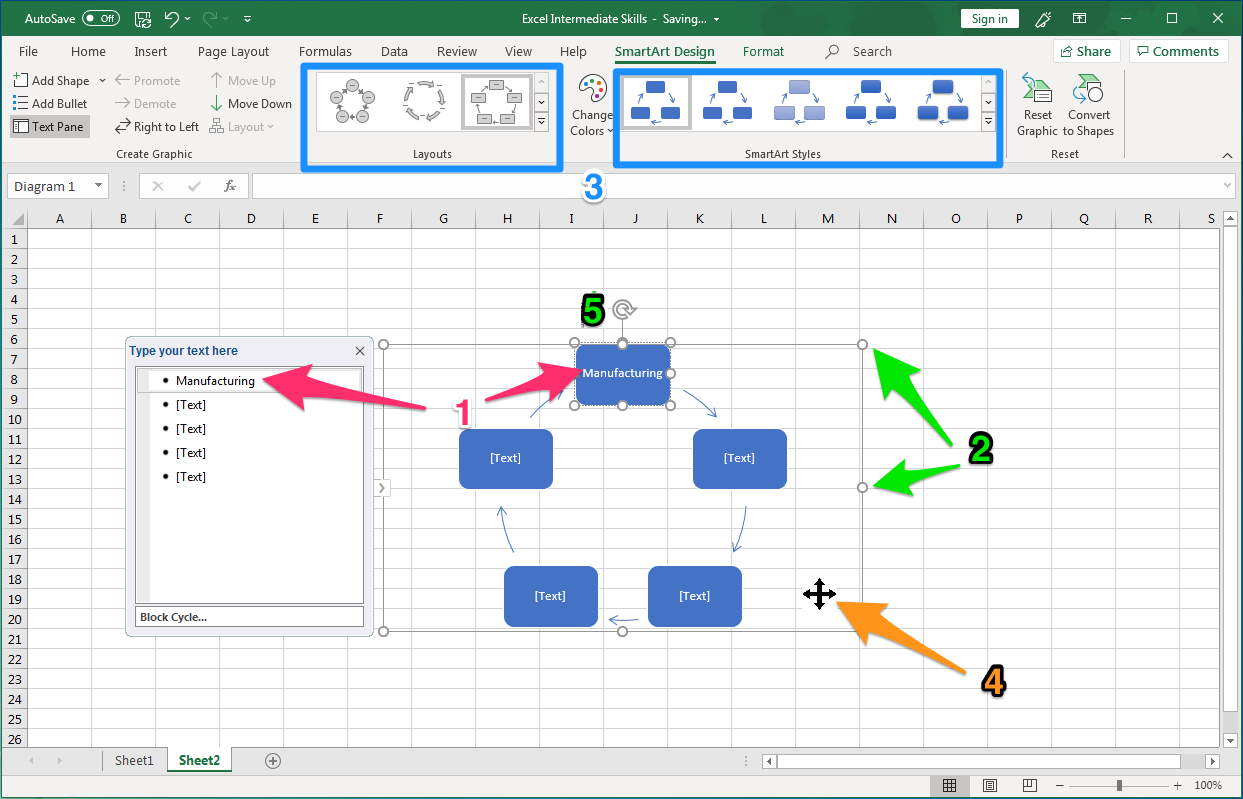 Excel screenshot of SmartDesign Graphic menu options. Five highlighted areas; adding text, resizing, changing design style, moving, rotating graphic.