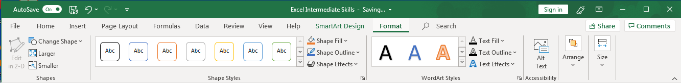 Excel screenshot of ribbon menu for Format tab for graphics.
