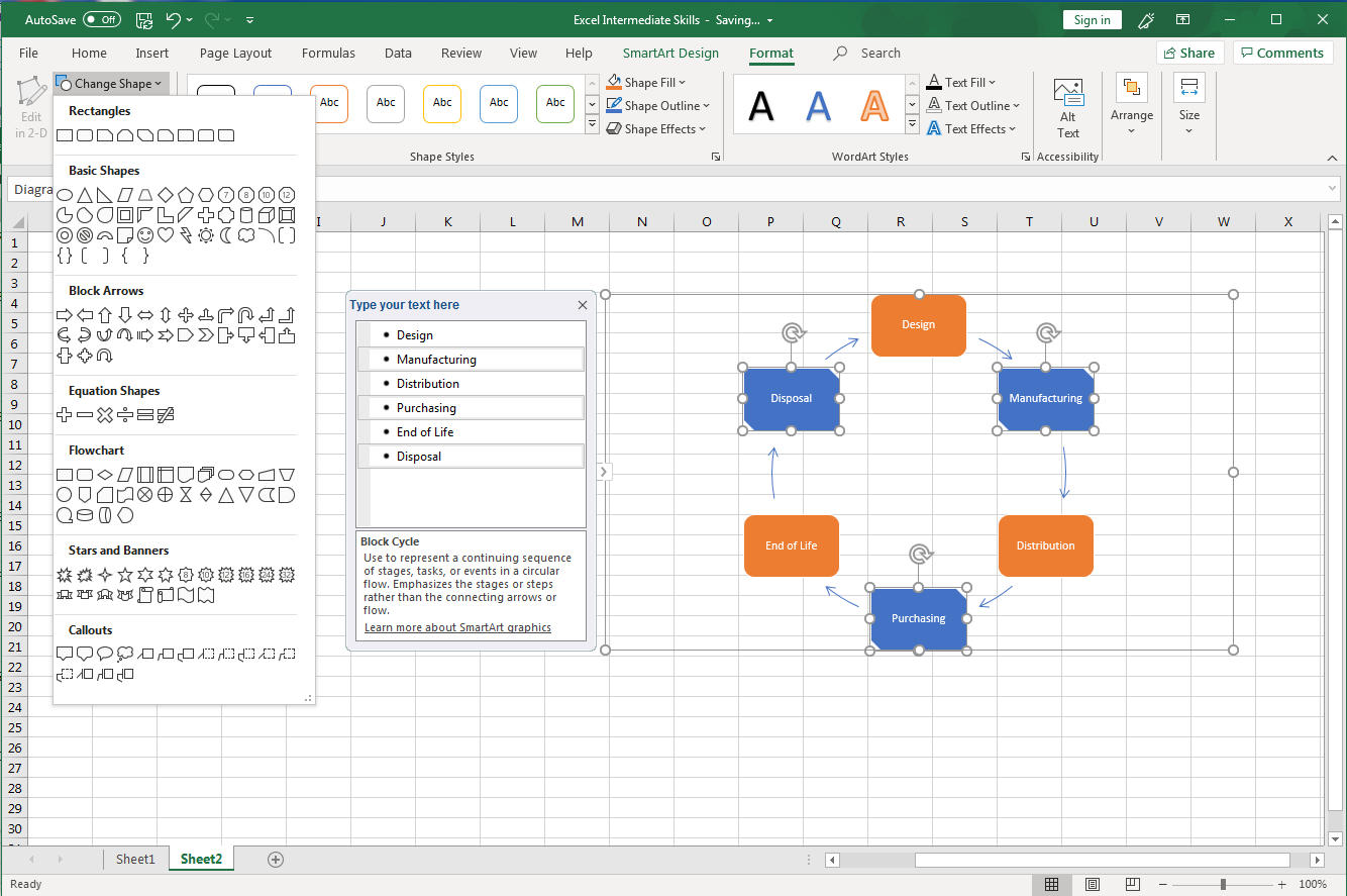 Excel screenshot of Format tab, Change Shape button displaying all shape options.