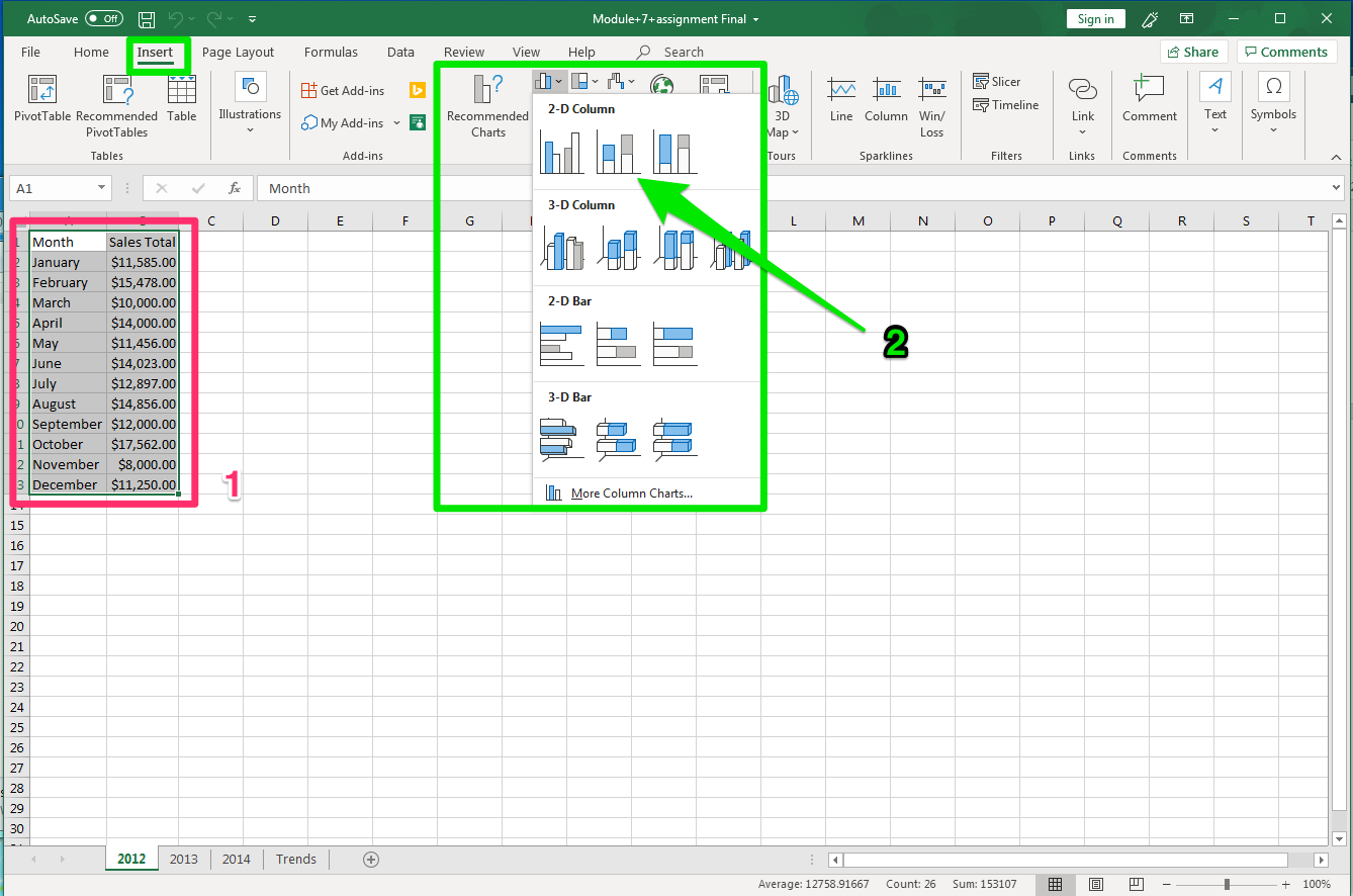 Excel screenshot of Insert tab, Charts button options for inserting chart in worksheet.