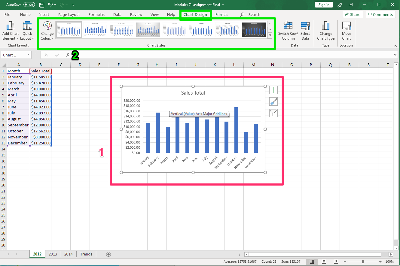 Excel screenshot of Charts Design options for chart in worksheet.