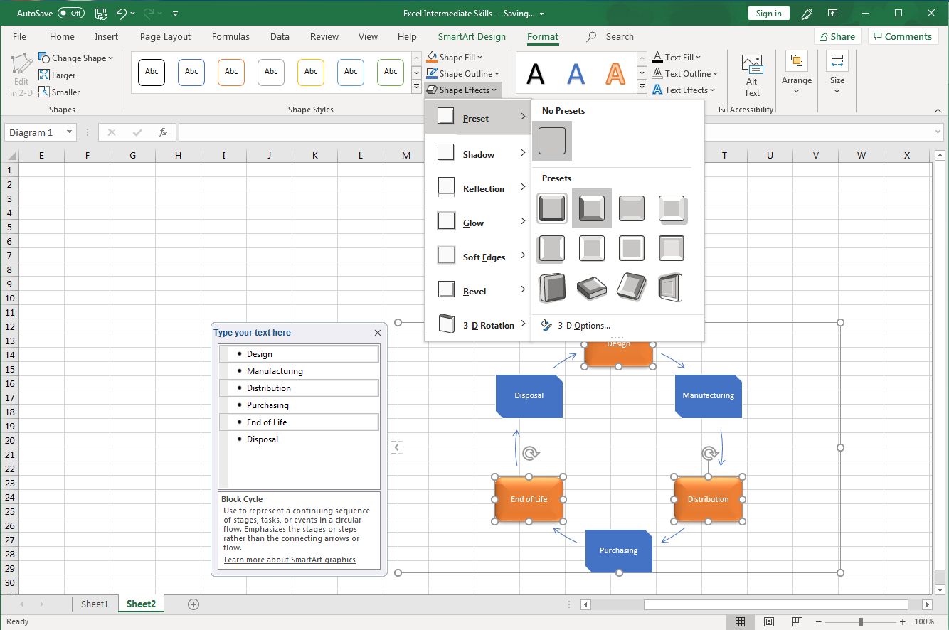 Excel screenshot of Format tab, Shape Effects for options for graphics.