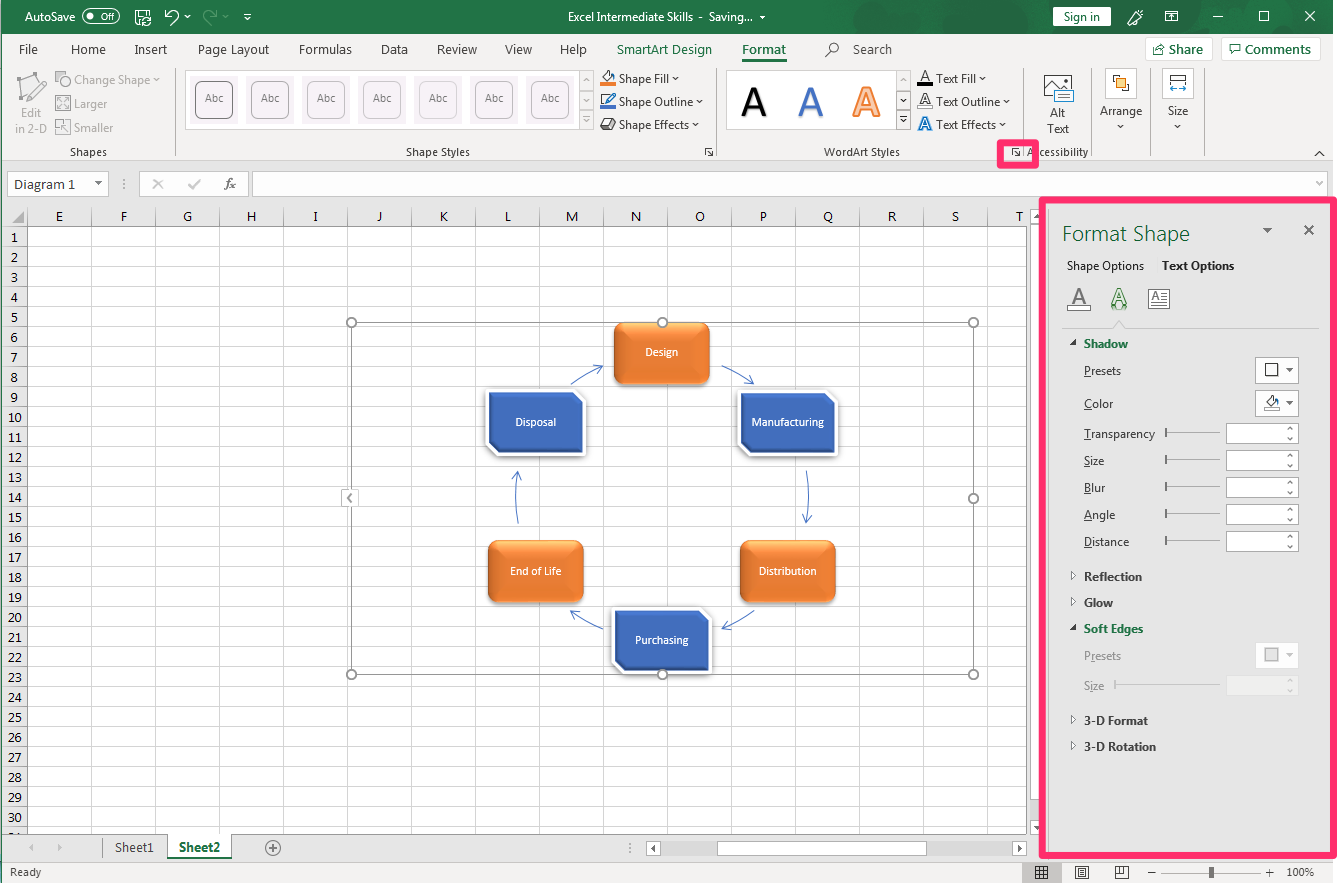 Excel screenshot of Format tab, Text Effects options for graphics in dropdown menu.