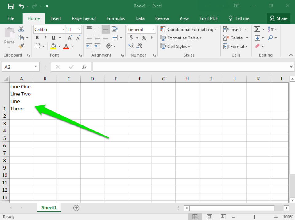 An excel sheet is open with 4 lines of text in cell A1. There is a green arrow pointing at the cell.