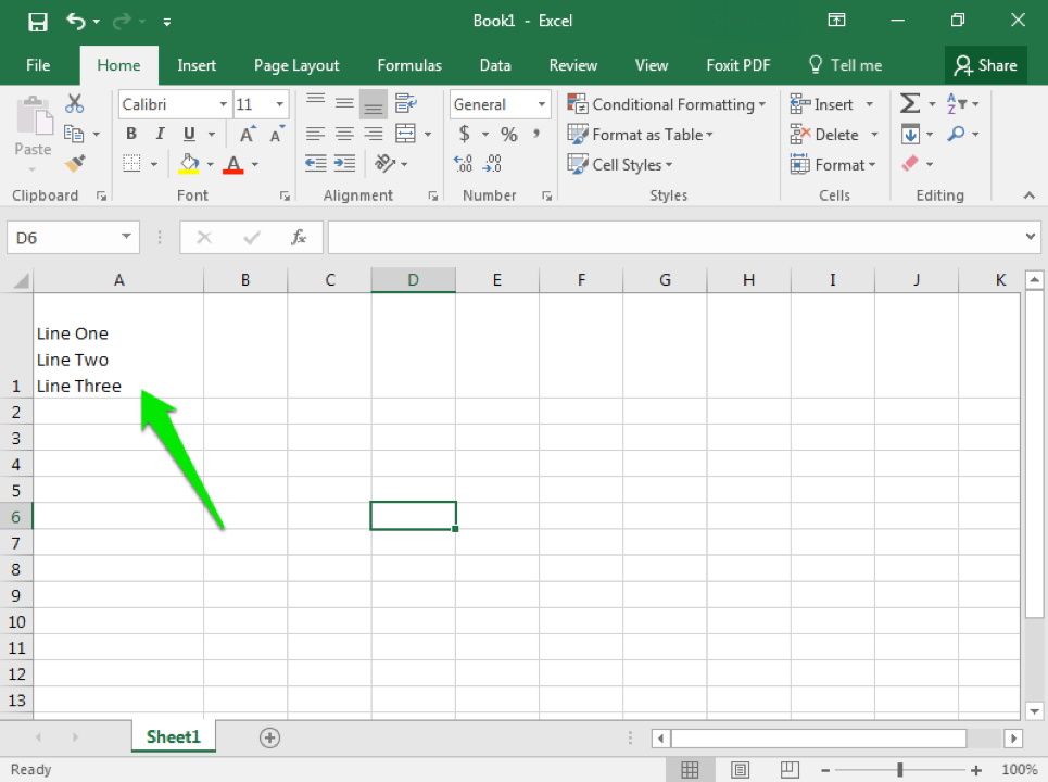 An excel sheet is open with 3 lines of text in cell A1. There is a green arrow pointing at the cell.