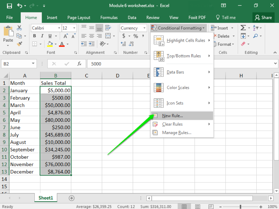 An excel sheet with data entered in columns A and B through row 13. There is a green arrow pointing to the dropdown menu and specifically the option to insert a new rule.