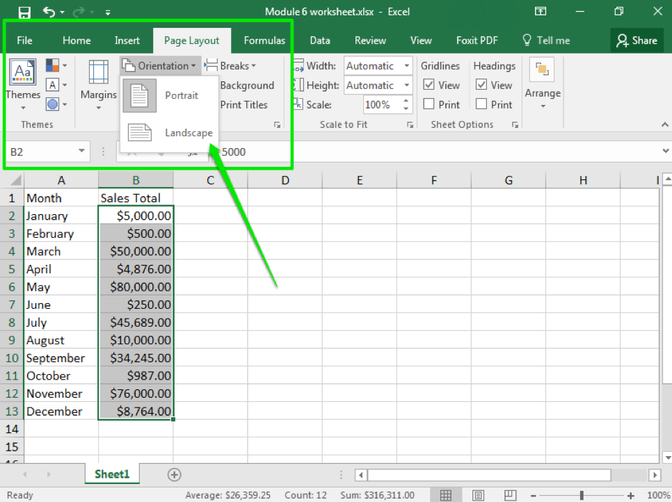 An excel sheet with data entered in columns A and B through row 13. There is a green arrow pointing at the landscape feature from the orientation dropdown menu. A green box highlights where this can be found on the ribbon.