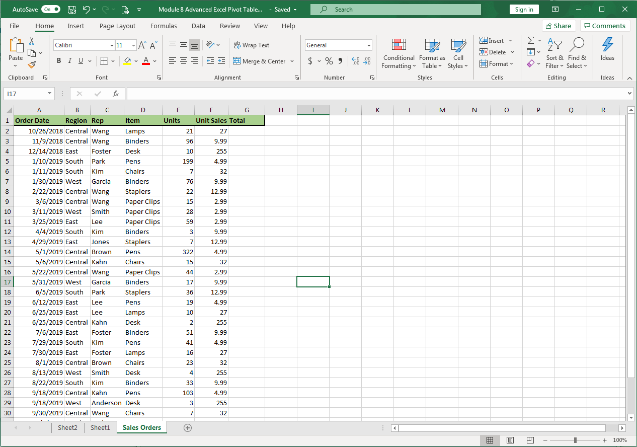 Excel screenshot of sales data to use for pivot table.