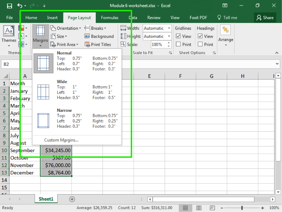 An excel sheet with data entered in columns A and B through row 13. There is a green box surrounding the options from the margins dropdown menu.
