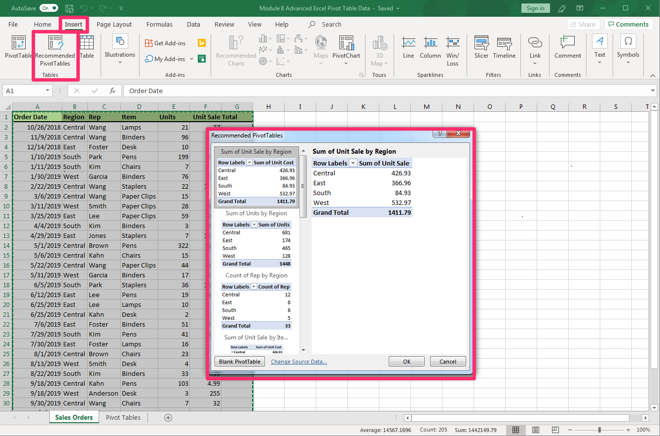 Excel screenshot of sales data highlighted and recommended PivotTable window open.