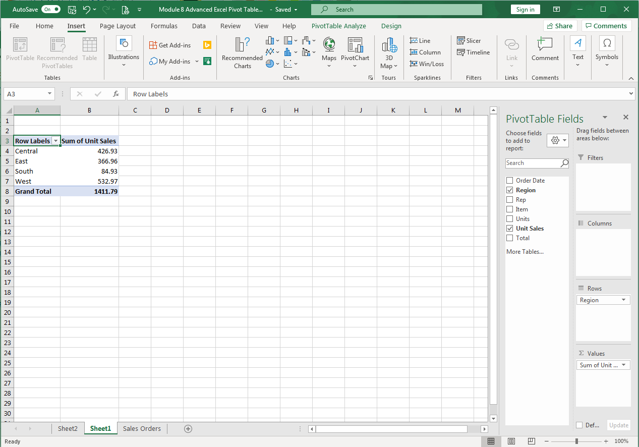 Excel screenshot of sales data in a recommended PivotTable highlighting sum of unit sales per region.