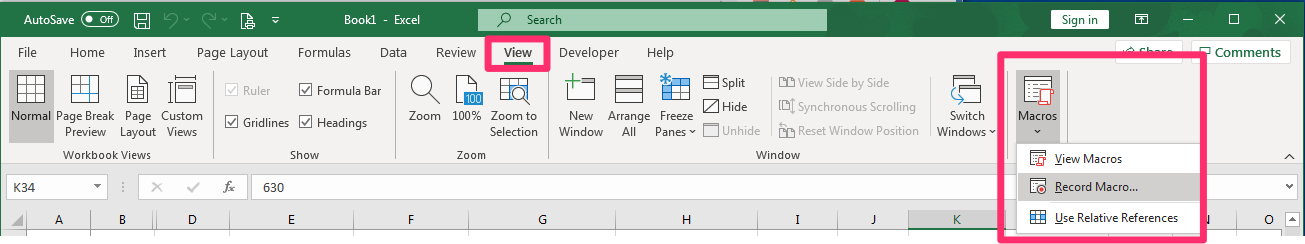 Excel menu bar displaying the View tab, Macros button with dropdown menu including View Macros, Record Macros, Use Relative References