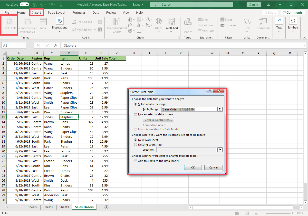 Excel screenshot of sales data highlighted and Create PivotTable dialog box open.