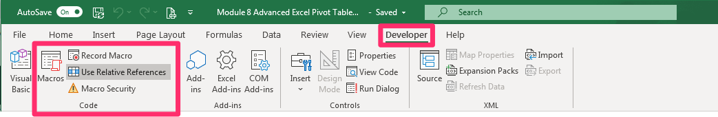 Excel menu bar displaying the Developer tab, Macros in Code area on ribbon.