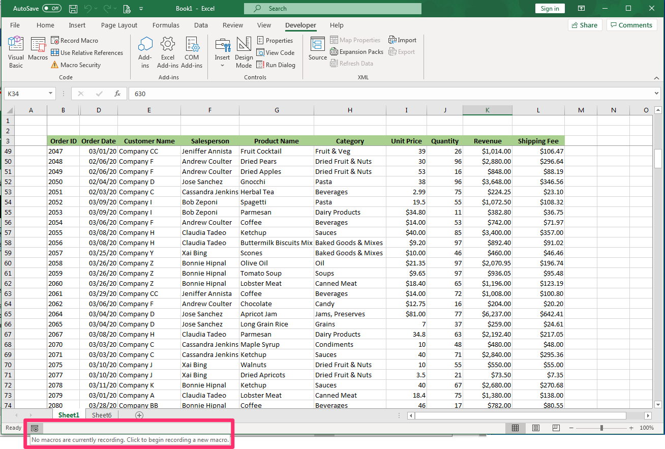 Excel screenshot of open worksheet filled with data highlighting the small record macro button on bottom lower left of window.