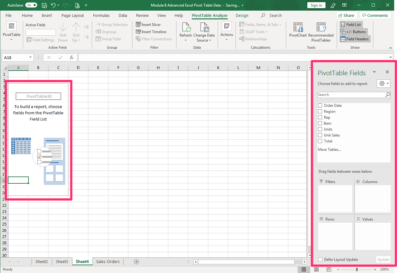 Excel screenshot of blank PivotTable with the Fields box open on the right.