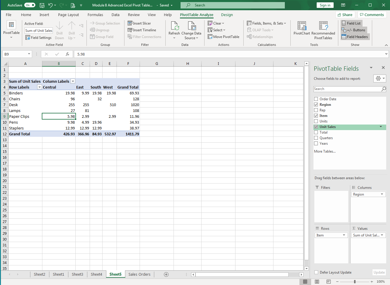 Excel screenshot of PivotTable with the Fields containing fields and creating a table.