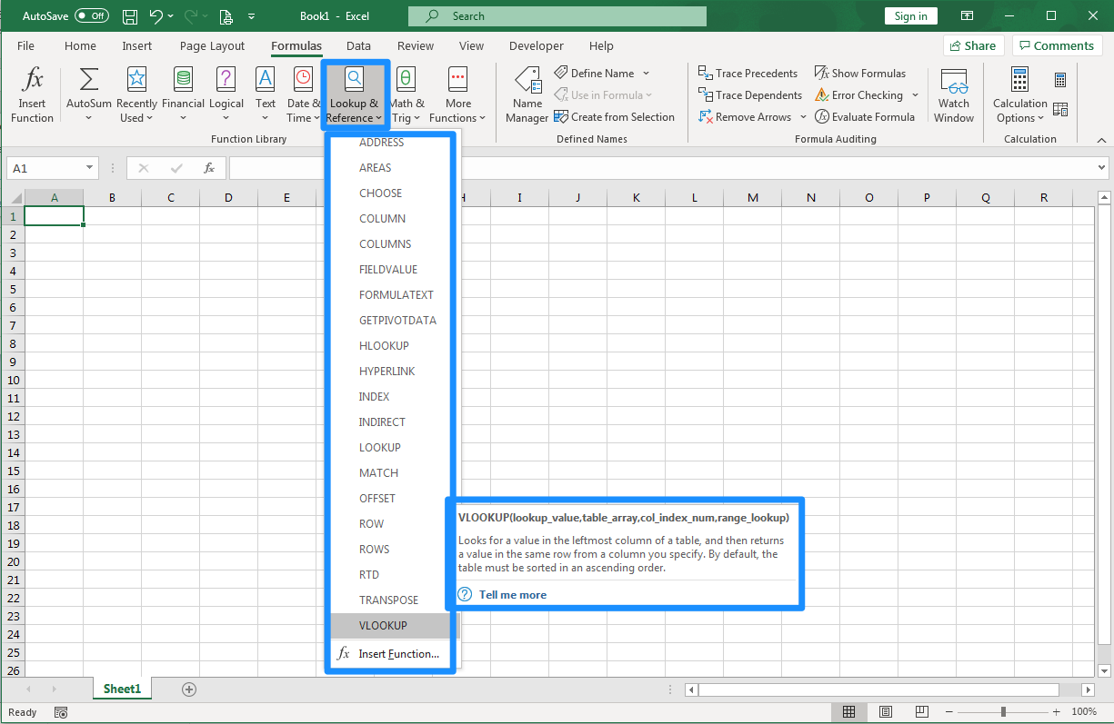Excel table open with "Lookup & Reference" button selected, revealing a dropdown menu of 21 items. VLOOKUP is selected: