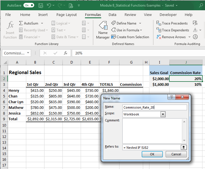 Excel screenshot of filling in the information for defining a name for the commission amount.