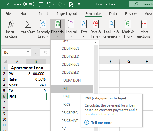 Excel screenshot of dropdown menu for Financial formulas in Excel's Formulas tab. Highlighting the PMT option.