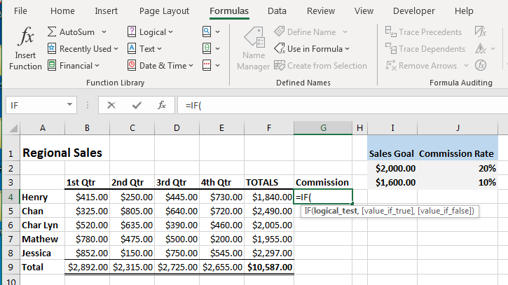 Excel screenshot showing what should be entered into the IF function to complete the logic formula.
