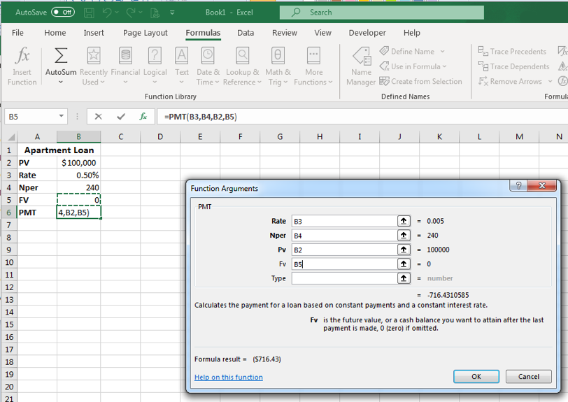 Excel screenshot of PMT formula function argument dialog box. Each of the field required to the formula are being filled in.