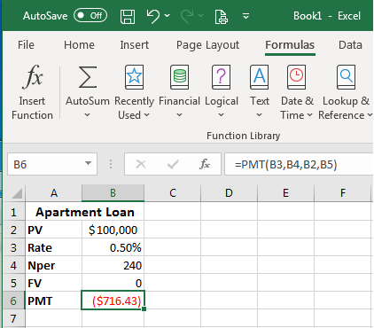 Excel screenshot of the PMT data and calculated amount.