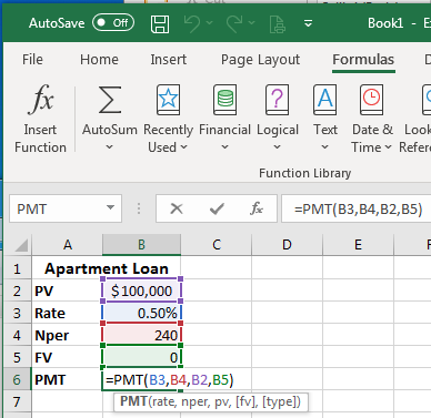 Excel screenshot the PMT data after double clicking on the formula cell. All of the corresponding cells associated within the formula have colors corresponding to their place in the formula.