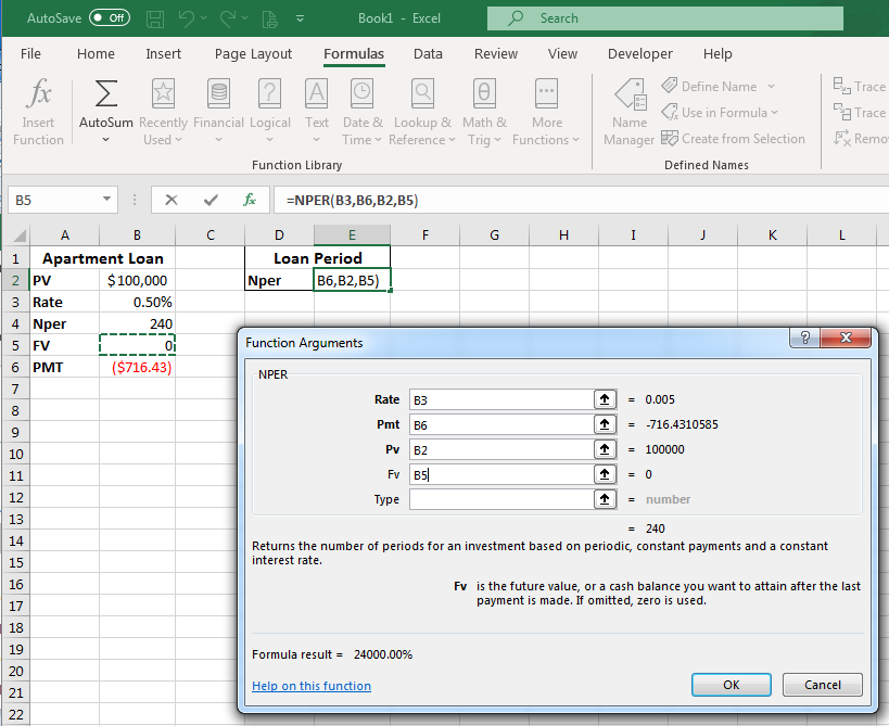 Excel screenshot of NPER formula function argument dialog box. Each of the field required to the formula are being filled in.
