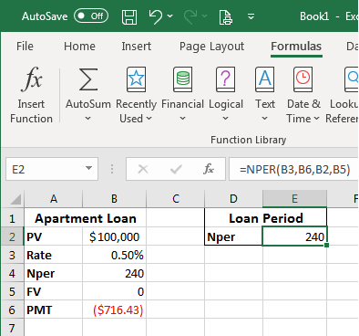 Excel screenshot of the NPER data and calculated amount.
