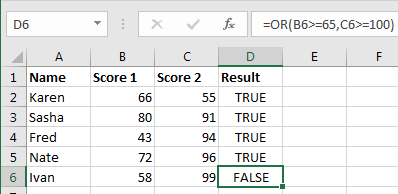 Excel screenshot displaying the logical return for the OR function in a table.