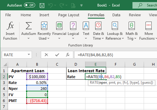 Excel screenshot of RATE data after double clicking on the formula cell. The formula cells have colors corresponding to their place in the formula.