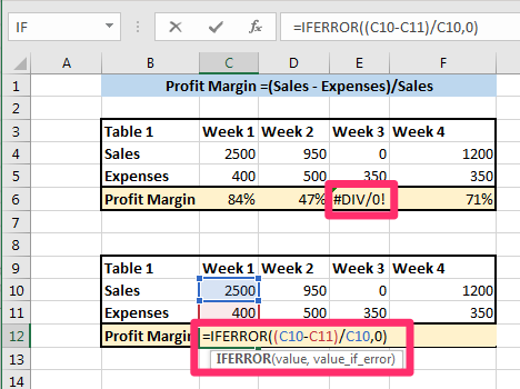 Excel screenshot displaying the logical return for the IFERROR function in a table.