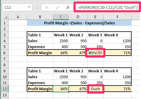 Excel screenshot displaying the logical return for the IFERROR function in a table.