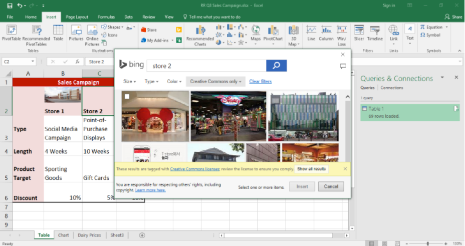 A Microsoft Excel sheet for a sales campaign is displayed in the cells. A bing search for store 2 is displayed in front of the excel spreadsheet.
