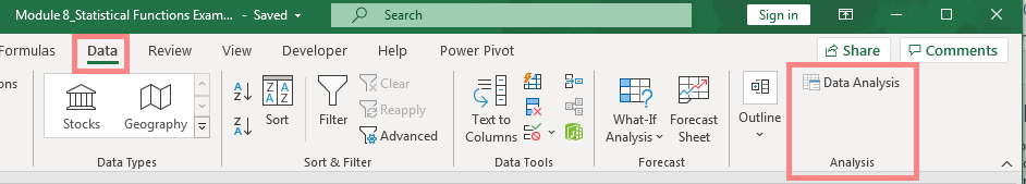 Excel screenshot of Data tab with the new Data Analysis add-in button displayed on the ribbon.