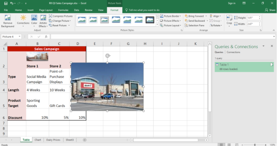 A Microsoft Excel sheet for a sales campaign is displayed in the cells. An image of a store has been inserted over the excel sheet.