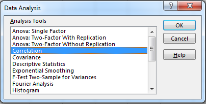 Excel screenshot of Data Analysis button window listing the Analysis Tools available to select.