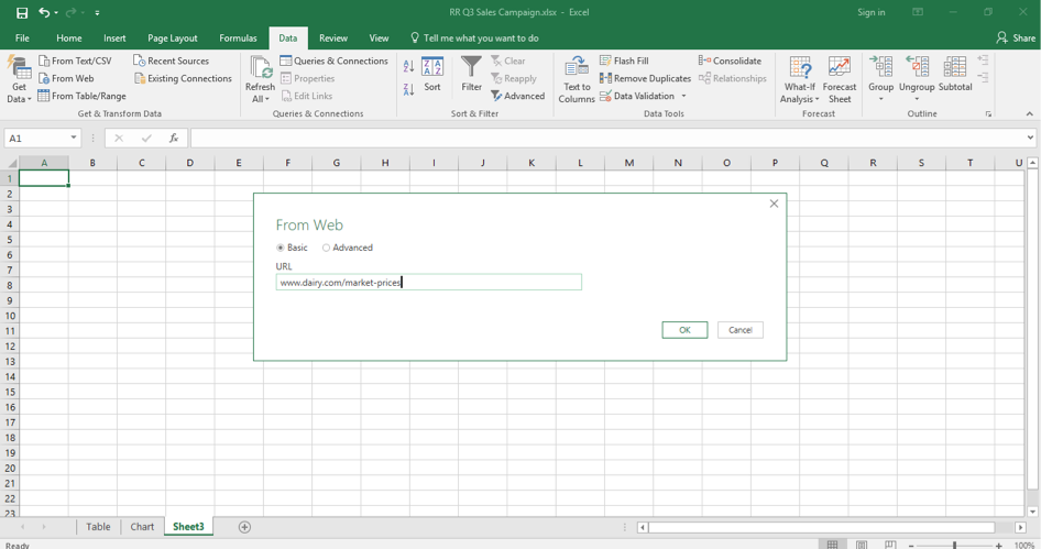 A blank Microsoft Excel sheet is open. A search dialog box has been opened and a link has been inserted from where to get the new data from.